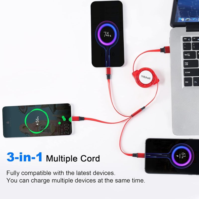 كابل شحن سريع من نوع USB Type C قابل للسحب [3.3 قدم، 3 قطع]، كابل شاحن من USB A إلى C، كابل شحن متزامن للبيانات QC 3.0 مع 3 منافذ USB C، مناسب لهاتف Phone 15 Pro Max Plus و Pad Pro و Galaxy S23 (أحمر) - Image 3