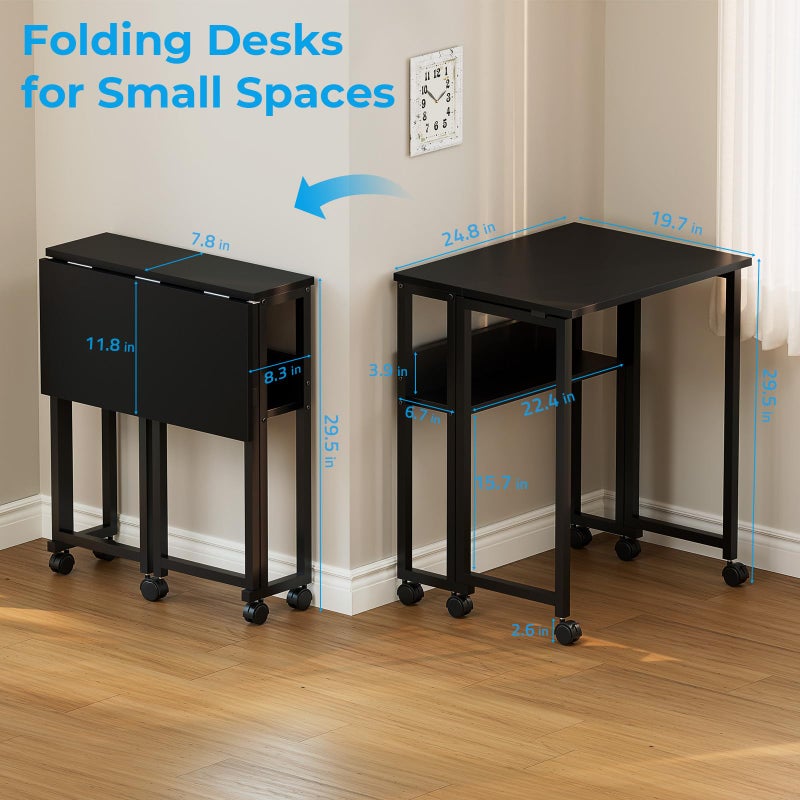 GreenForest Folding Desk Small Rolling Desk with Storage Shelf,24.8 inch Foldable Computer Desk with Wheels for Small Space,Easy Assembly,Black - Image 2