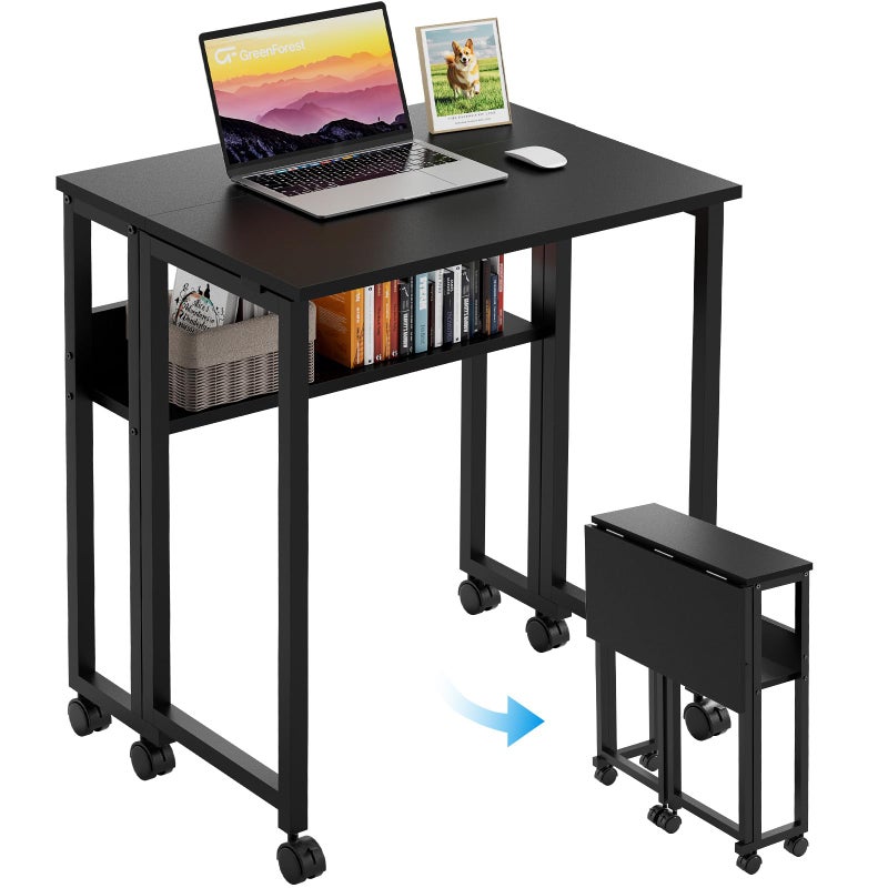 GreenForest Folding Desk Small Rolling Desk with Storage Shelf,24.8 inch Foldable Computer Desk with Wheels for Small Space,Easy Assembly,Black - Image 1