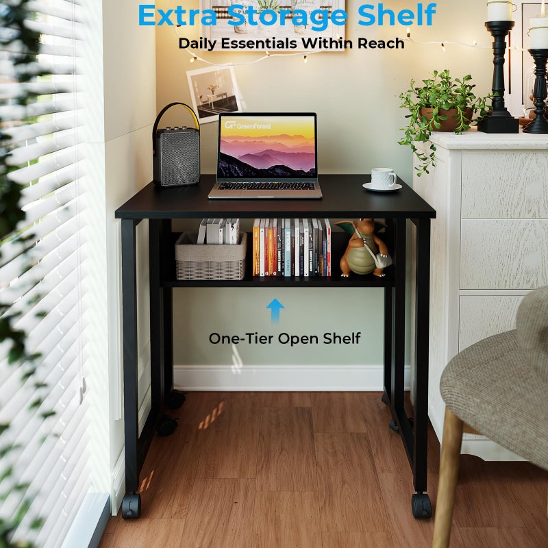 GreenForest Folding Desk Small Rolling Desk with Storage Shelf,24.8 inch Foldable Computer Desk with Wheels for Small Space,Easy Assembly,Black - Image 4