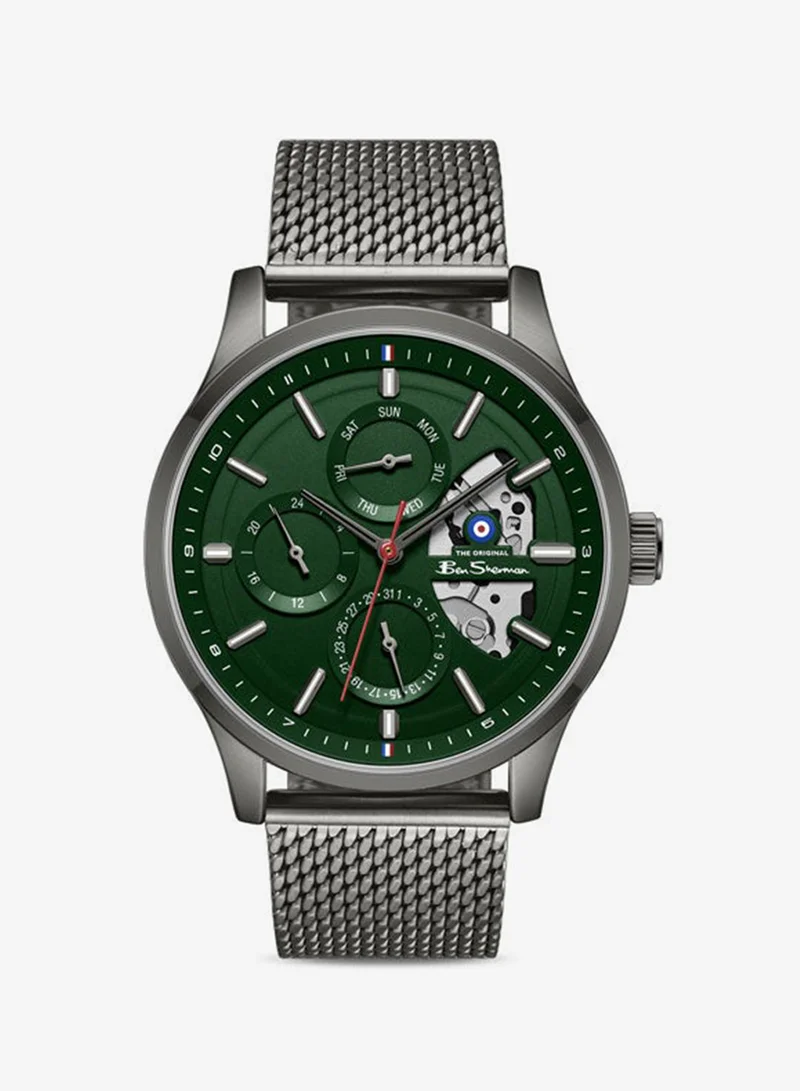 Ben Sherman St Albans Green Dial Gunmetal Stainless Steel Bracelet Multifunction Watch for Men, 43.5mm