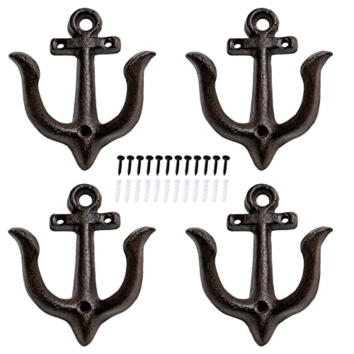 Notakia Decorative Wall Hooks Mounted Antique Shabby Chic Metal Cast Iron Nautical Anchor Design Hooks Hanger, Vintage Rustic Cast Iron Wall Hooks,Screws Included (Brown Anchor 4Pcs) - Image 1
