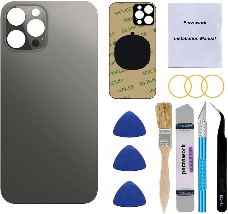 Perzework استبدال زجاج خلفي أصلي لجهاز آيفون 12 برو 6.1 بوصة مع مجموعة أدوات الإصلاح (رمادي)  - Image 1