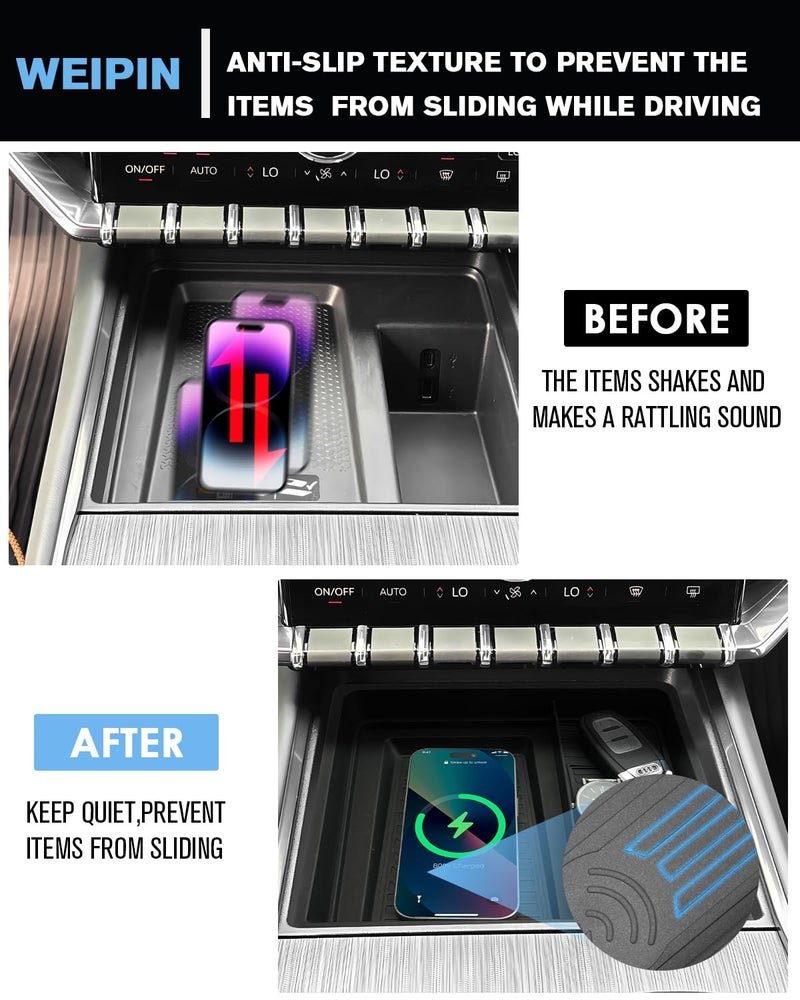 WEIPIN for 2Pcs Center Console Organizer Tray ABS Materials& TPE Wirless Mats Storage Box Compatible with 2024-2026 GMC Acadia (Elevation/AT4) - Only Compatible with Console Without Cover - Image 4