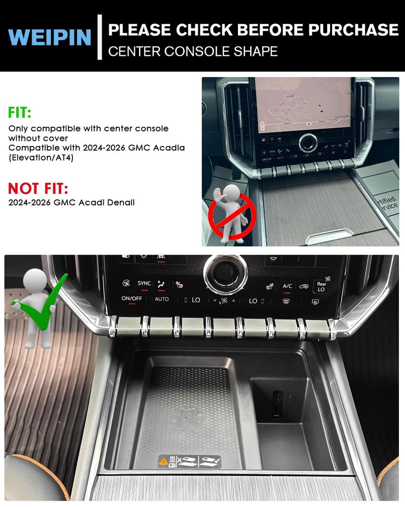 WEIPIN for 2Pcs Center Console Organizer Tray ABS Materials& TPE Wirless Mats Storage Box Compatible with 2024-2026 GMC Acadia (Elevation/AT4) - Only Compatible with Console Without Cover - Image 2