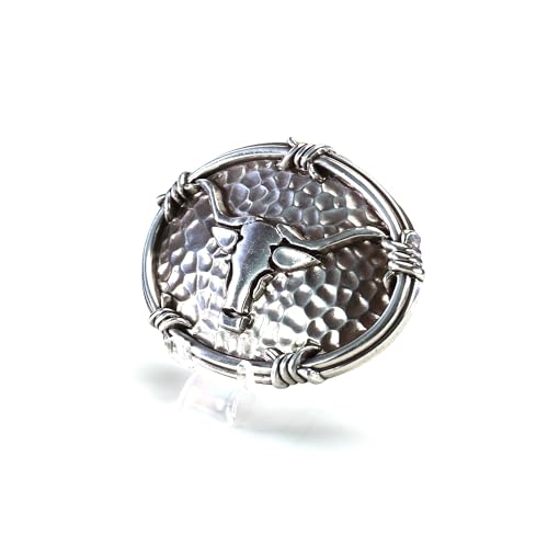 ARIAT Men's Western Buckle, Antique Silver with Steer Head Motif and Barbwire Edging, Hammered Oval Design, 2-3/4" X 3-3/4" - Image 3
