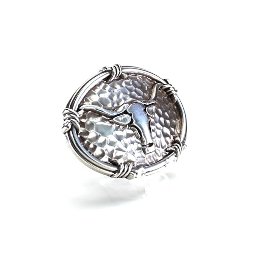 ARIAT Men's Western Buckle, Antique Silver with Steer Head Motif and Barbwire Edging, Hammered Oval Design, 2-3/4" X 3-3/4" - Image 2