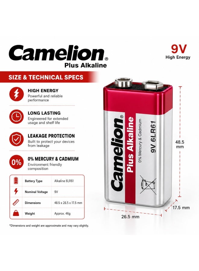 Camelion 9V Alkaline Battery, Long Lasting PP3 Battery for Smoke Detectors, Wireless Microphones, Test Equipment & Electronics - Image 2