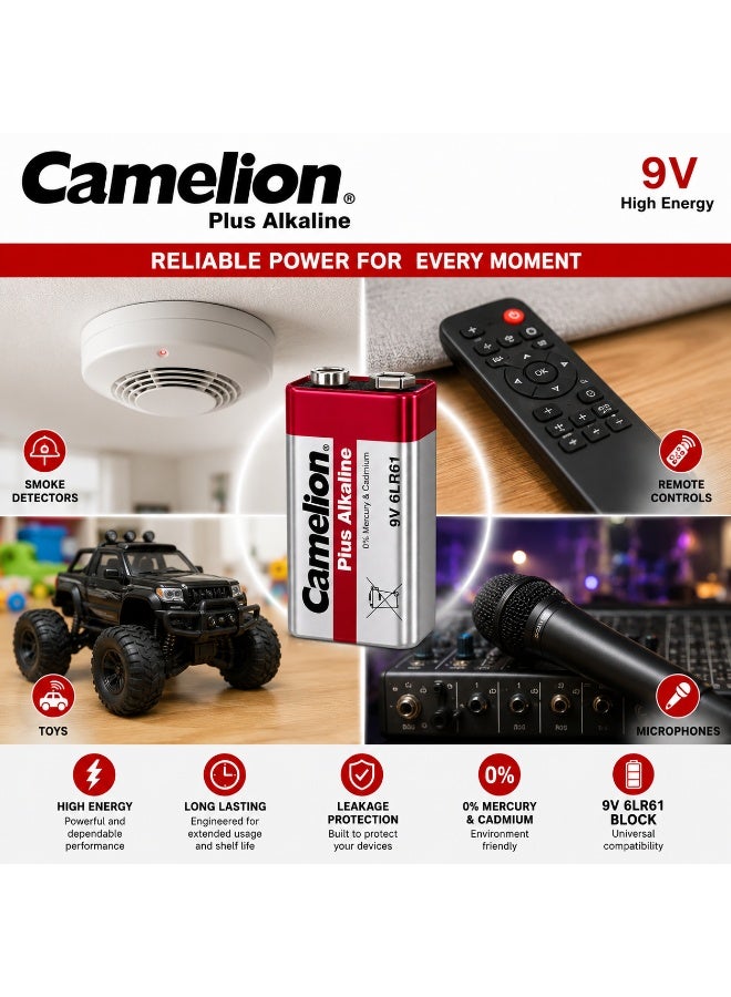 Camelion 9V Alkaline Battery, Long Lasting PP3 Battery for Smoke Detectors, Wireless Microphones, Test Equipment & Electronics - Image 4