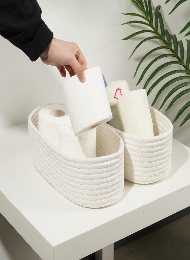 Temary Bathroom Organizer Bin, Toilet Paper Rope Baskets with Handles, Set of 2 Small Foldable Storage Bin for Toilet Tank Top Boho, Narrow Rectangle Baskets for Organizing (White, 13x5.9x3.9) - Image 5