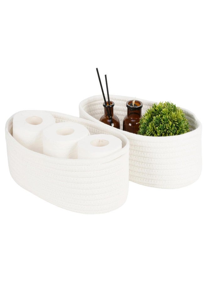 Temary Bathroom Organizer Bin, Toilet Paper Rope Baskets with Handles, Set of 2 Small Foldable Storage Bin for Toilet Tank Top Boho, Narrow Rectangle Baskets for Organizing (White, 13x5.9x3.9) - Image 1