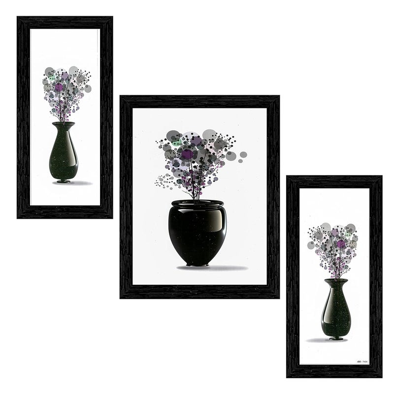 Indianara Indianara Set of 3 Abstract Flowers in Vases Framed Art Painting 0913BK without glass 6 X 13 102 X 13 6 X 13 INCH  - Image 1