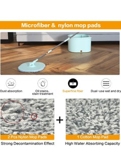 XVersion Spin Mop Bucket with 3 Sections, 360 Degree Rotating, Long Handle, Quick Drying, Wet Room Floor Mop, Microfiber Cloth Double Foam Squeegee for Bathroom, Kitchen, Window, Garage (Green)  - Image 2