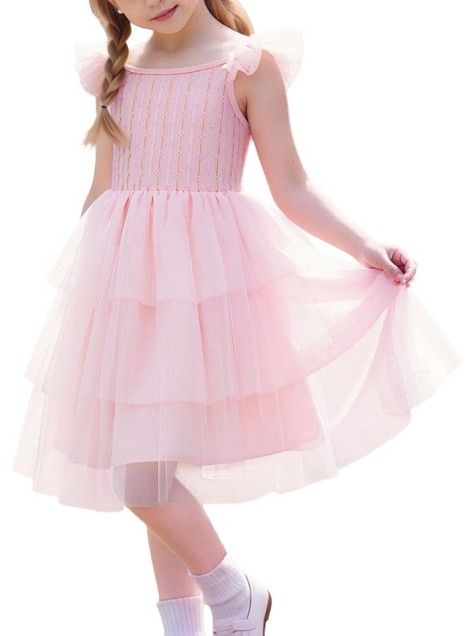 Tutu.kk Toddler Girls Tulle Dress Floral Embroidered Bodice Layered Tutu Dresses with Ruffled Sleeves for Holidays, Birthday & Photo Shoot Pink 3-4T - Image 1