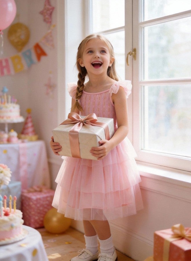 Tutu.kk Toddler Girls Tulle Dress Floral Embroidered Bodice Layered Tutu Dresses with Ruffled Sleeves for Holidays, Birthday & Photo Shoot Pink 3-4T - Image 2