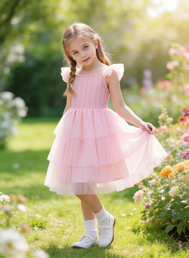 Tutu.kk Toddler Girls Tulle Dress Floral Embroidered Bodice Layered Tutu Dresses with Ruffled Sleeves for Holidays, Birthday & Photo Shoot Pink 3-4T - Image 5