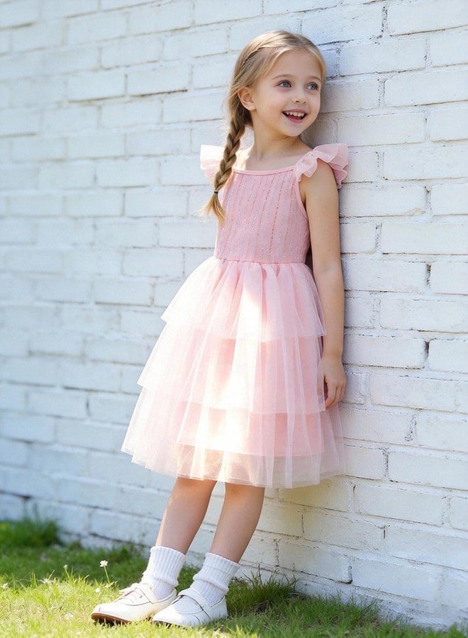Tutu.kk Toddler Girls Tulle Dress Floral Embroidered Bodice Layered Tutu Dresses with Ruffled Sleeves for Holidays, Birthday & Photo Shoot Pink 3-4T - Image 3