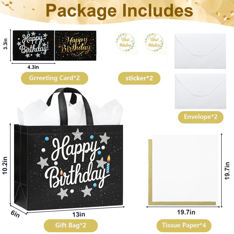 STYPOP 2 Pack 13" Large Birthday Gift Bags with Tissue Paper & Cards, Reusable Non-Woven Happy Birthday Bags with Handles, Perfect Gifts for Men, Boy, Kids, 12.8" x 10.2" x 6.3" - Image 2