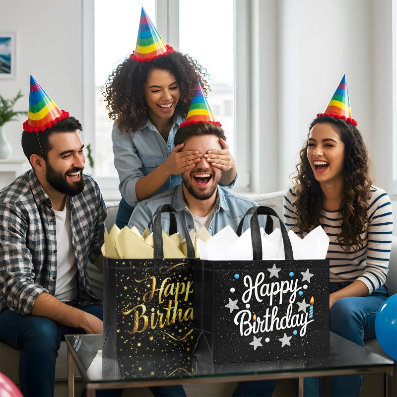 STYPOP 2 Pack 13" Large Birthday Gift Bags with Tissue Paper & Cards, Reusable Non-Woven Happy Birthday Bags with Handles, Perfect Gifts for Men, Boy, Kids, 12.8" x 10.2" x 6.3" - Image 5