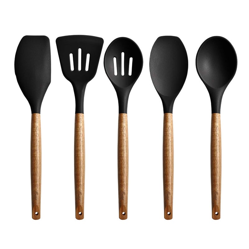 Miusco Kitchen Utensils Set, Silicone Cooking Utensils Set,Non-Stick Silicone Spatula Set with Natural Acacia Hard Wood Handle, 5 Piece, Upgraded Thickened Cookware - Image 1