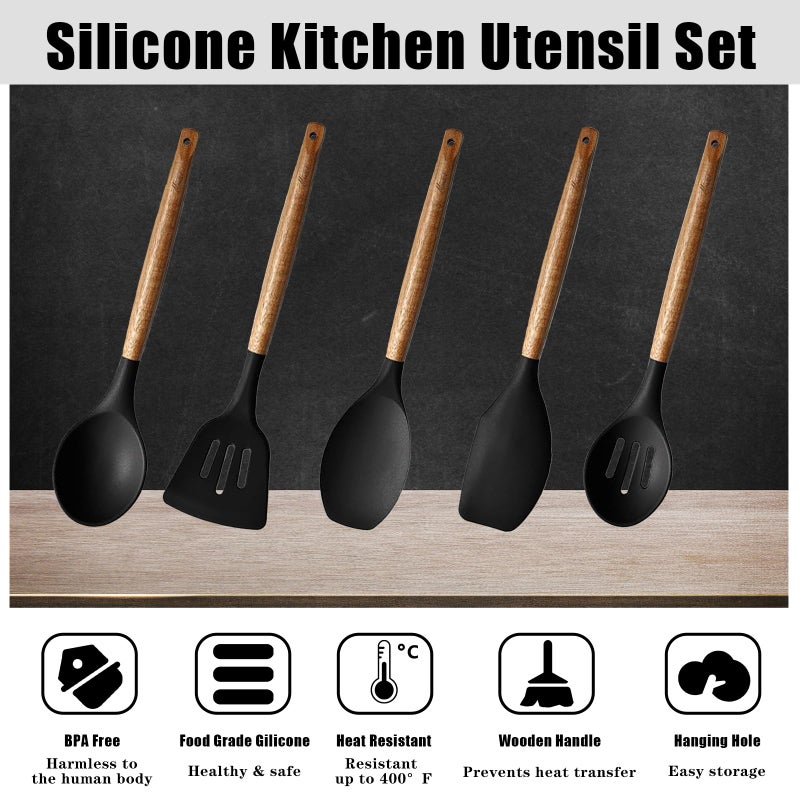 Miusco Kitchen Utensils Set, Silicone Cooking Utensils Set,Non-Stick Silicone Spatula Set with Natural Acacia Hard Wood Handle, 5 Piece, Upgraded Thickened Cookware - Image 2