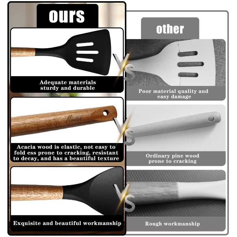 Miusco Kitchen Utensils Set, Silicone Cooking Utensils Set,Non-Stick Silicone Spatula Set with Natural Acacia Hard Wood Handle, 5 Piece, Upgraded Thickened Cookware - Image 4