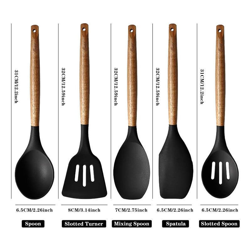 Miusco Kitchen Utensils Set, Silicone Cooking Utensils Set,Non-Stick Silicone Spatula Set with Natural Acacia Hard Wood Handle, 5 Piece, Upgraded Thickened Cookware - Image 3