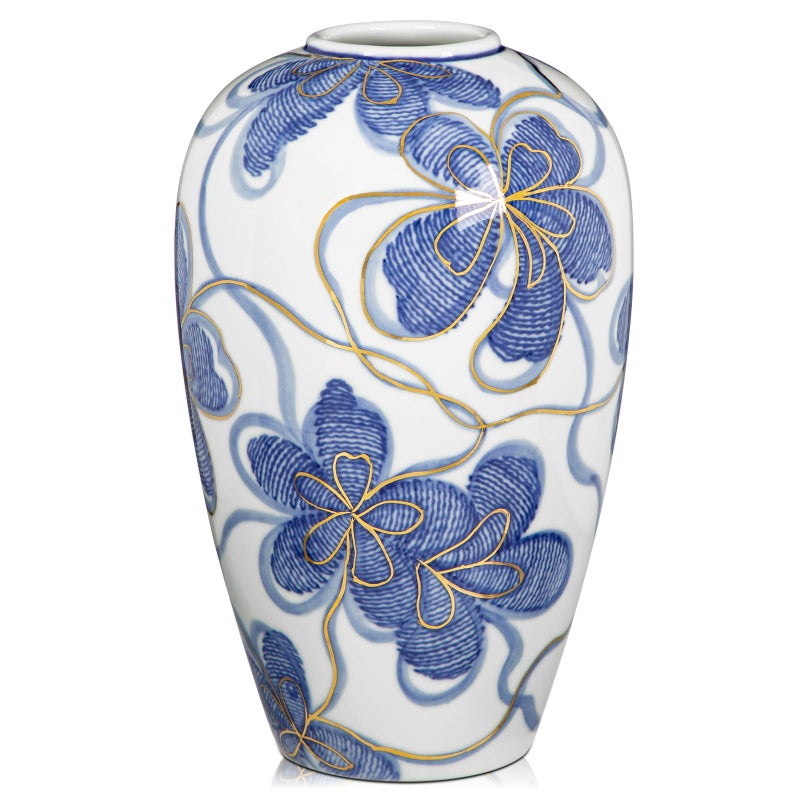 Arborus Blue and White Ceramic Vase for Home Decor â€“ Hand-Painted Porcelain Flower Vase with Gold Accents â€“ Chinoiserie-Inspired Home Decor Vases â€“ 9" for Table, Shelf, or Mantel - Image 1