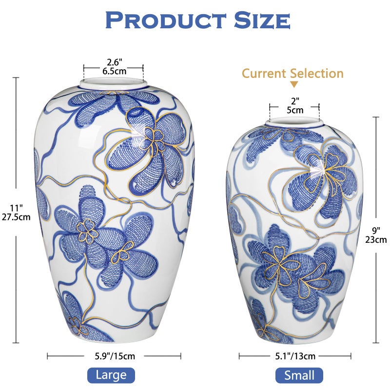 Arborus Blue and White Ceramic Vase for Home Decor â€“ Hand-Painted Porcelain Flower Vase with Gold Accents â€“ Chinoiserie-Inspired Home Decor Vases â€“ 9" for Table, Shelf, or Mantel - Image 2