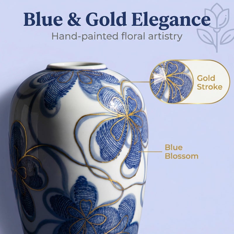 Arborus Blue and White Ceramic Vase for Home Decor â€“ Hand-Painted Porcelain Flower Vase with Gold Accents â€“ Chinoiserie-Inspired Home Decor Vases â€“ 9" for Table, Shelf, or Mantel - Image 4