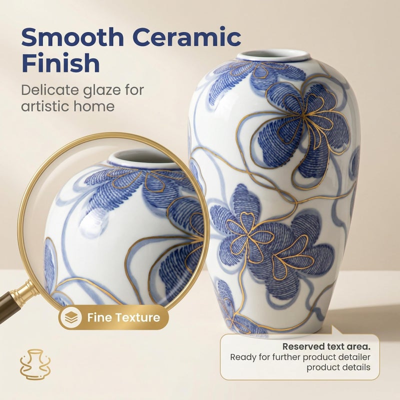 Arborus Blue and White Ceramic Vase for Home Decor â€“ Hand-Painted Porcelain Flower Vase with Gold Accents â€“ Chinoiserie-Inspired Home Decor Vases â€“ 9" for Table, Shelf, or Mantel - Image 5