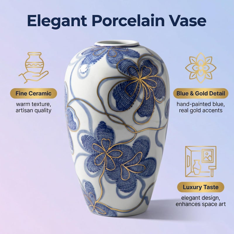 Arborus Blue and White Ceramic Vase for Home Decor â€“ Hand-Painted Porcelain Flower Vase with Gold Accents â€“ Chinoiserie-Inspired Home Decor Vases â€“ 9" for Table, Shelf, or Mantel - Image 3