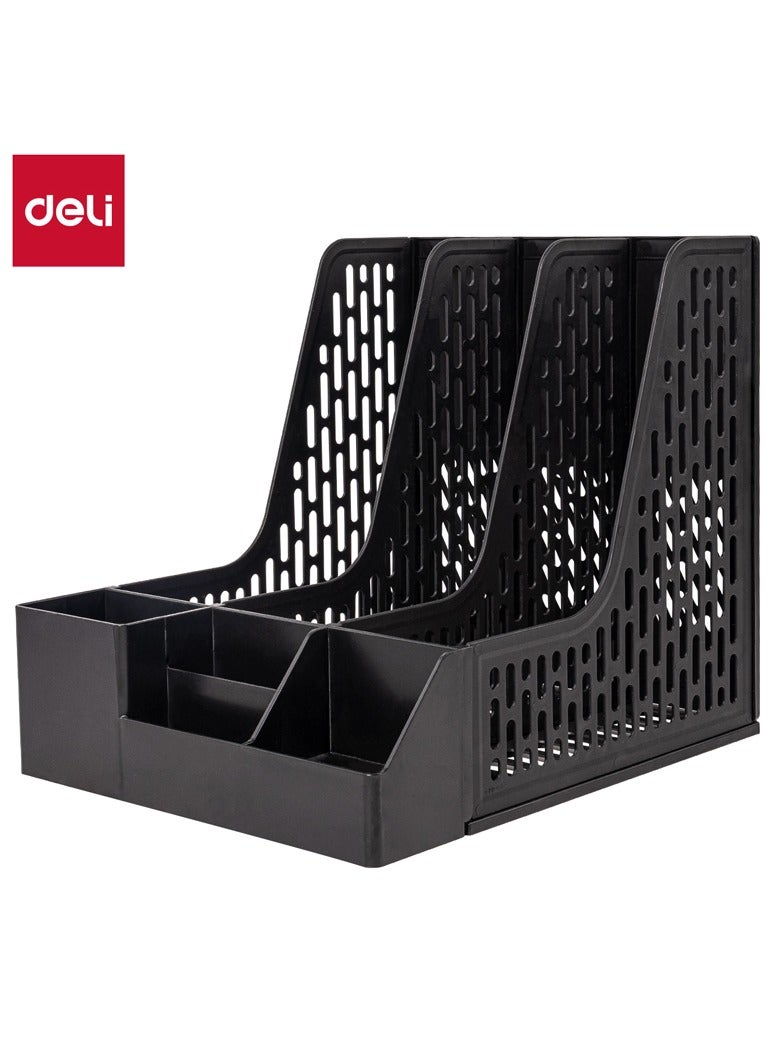 Deli Deli E9847 Magazine Holder, 3 Compartments, PP Material, Black, Integrated Pen Holder, Removable Design, Index Sticker for Organization, 1PCS/Heat-sealed Bag  - Image 1