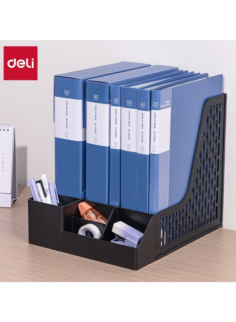 Deli Deli E9847 Magazine Holder, 3 Compartments, PP Material, Black, Integrated Pen Holder, Removable Design, Index Sticker for Organization, 1PCS/Heat-sealed Bag  - Image 2