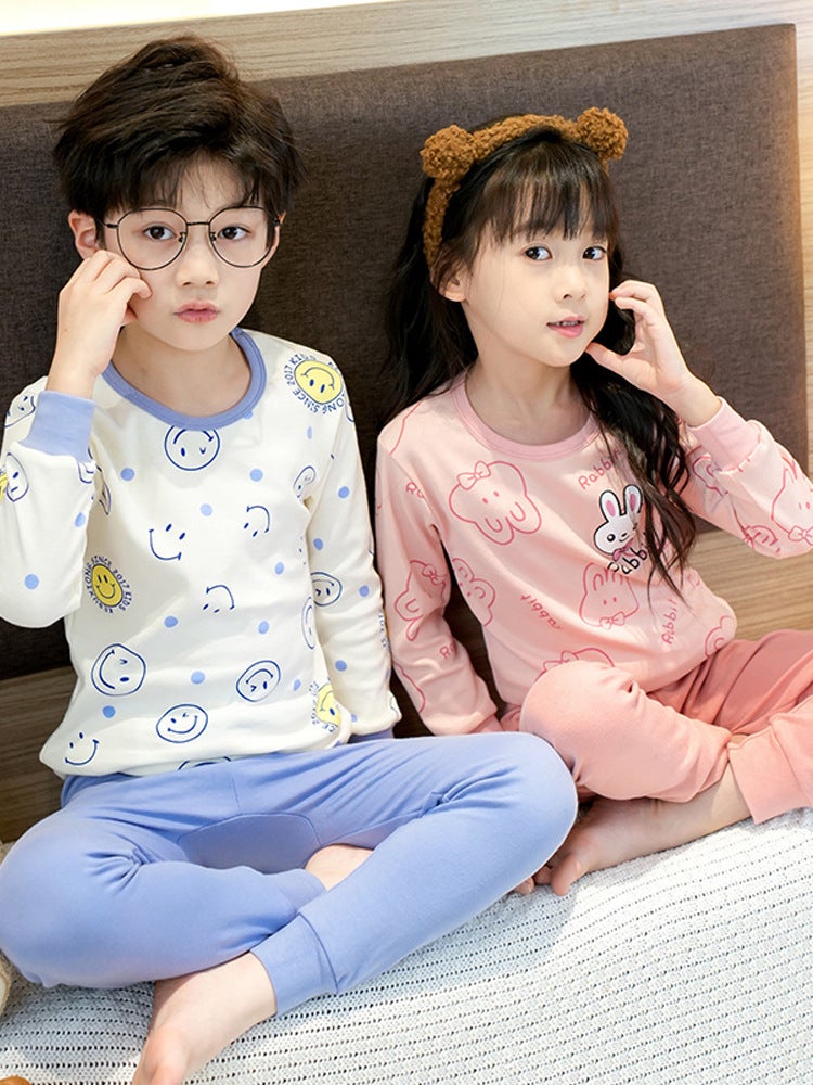 Children'S Pajamas Pure Cotton Boys' Autumn Clothes And Pants Set Girls' Baby Thermal Underwear Toddler Base Cotton Sweater - Image 2