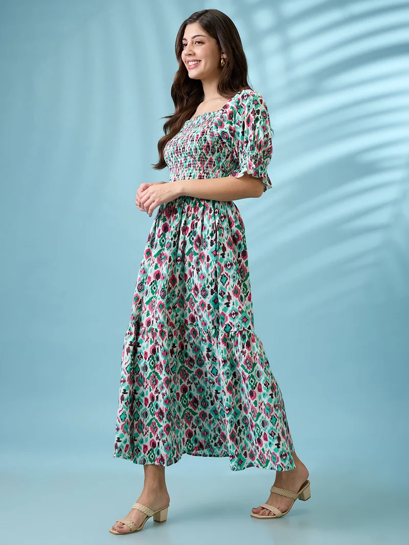 globus Globus Women Multicolour Ikat Print Square Neck Puff Sleeves Smocked Tiered Fit & Flare Maxi Dress
