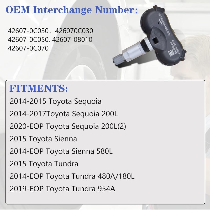 AdvanEX Tire Pressure Sensor 315 MHz Set of 4 for Toyota Sequoia, Sienna, Tundra - Replaces OE 42607-08010, 42607-0C070 - Image 2