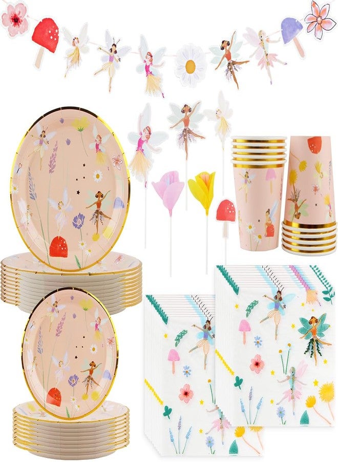 IPEWOEF 57Pcs Fairy Disposable Tableware Set Flower Fairies Mushroom Party Plates Cups Napkins Sets Fairy Cake Topper Banner Fairy Party Decorations Supplies Girls Birthday Party Decor(10 Guests) - Image 1