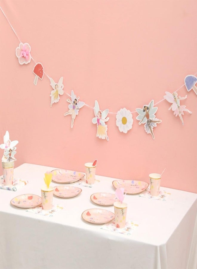IPEWOEF 57Pcs Fairy Disposable Tableware Set Flower Fairies Mushroom Party Plates Cups Napkins Sets Fairy Cake Topper Banner Fairy Party Decorations Supplies Girls Birthday Party Decor(10 Guests) - Image 2