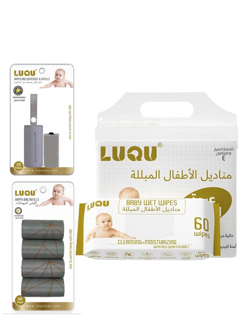 LuQu Bag Dispenser Refills (6X60) and Dispenser, Aloe Vera & Vitamin E, 4x60, Water Wet Wipes - Image 1