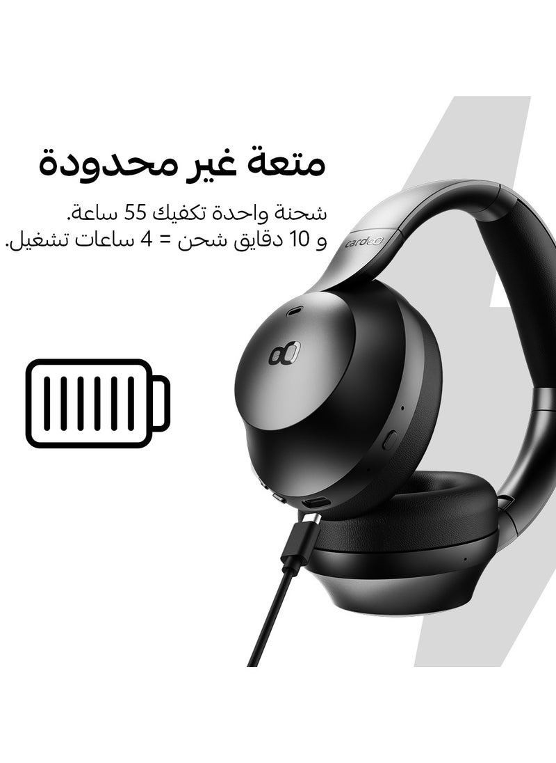 Headphone – Hybrid ANC Bluetooth Headphones with 3D Sound – 4 Mics – 55H Playtime – Fast Charging – Gaming Mode – Smart App – Foldable & Comfortable – Dual Connection – Bluetooth 5.4 - Black