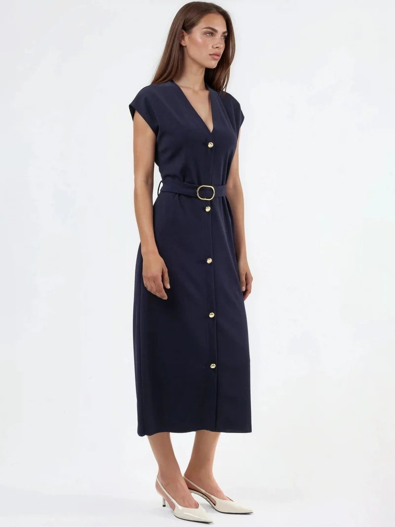 Busem BUSEM Belted Midi Dress with V-Neck