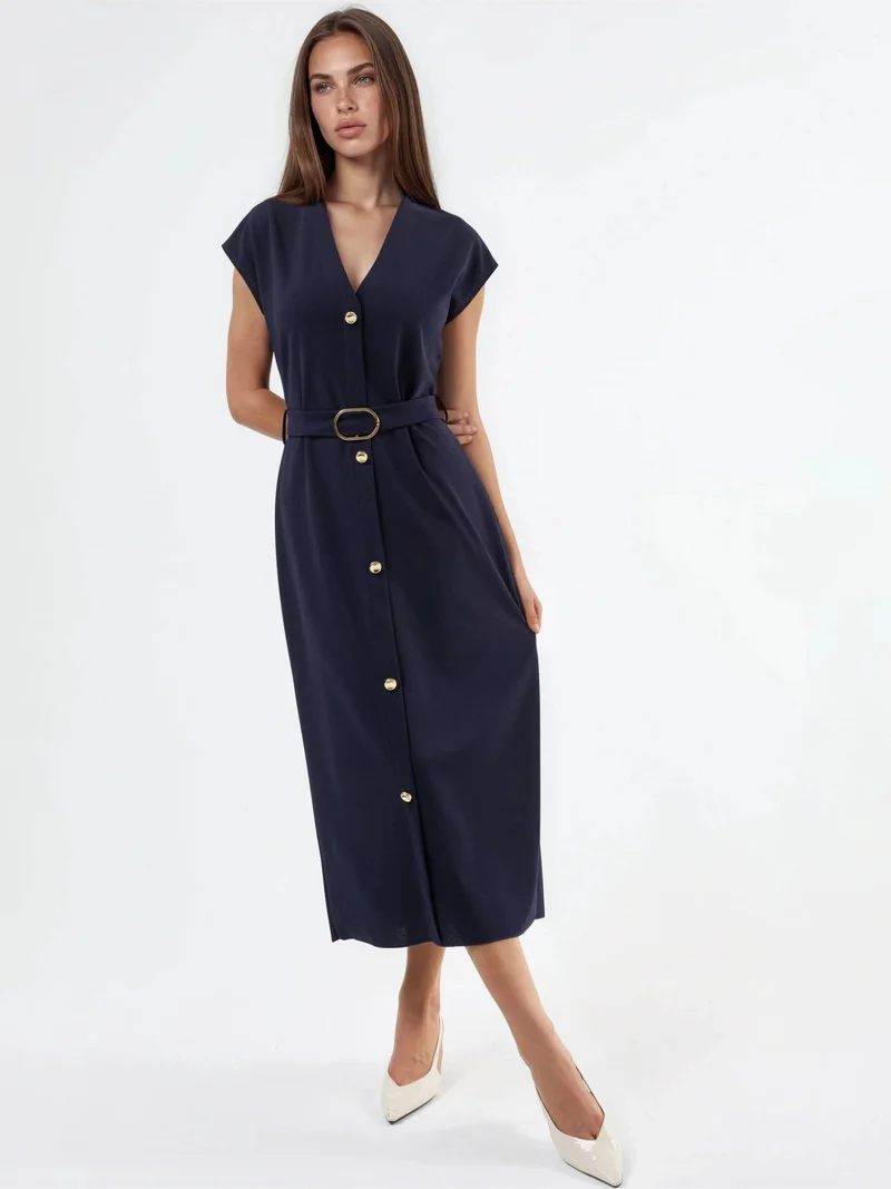 Busem BUSEM Belted Midi Dress with V-Neck