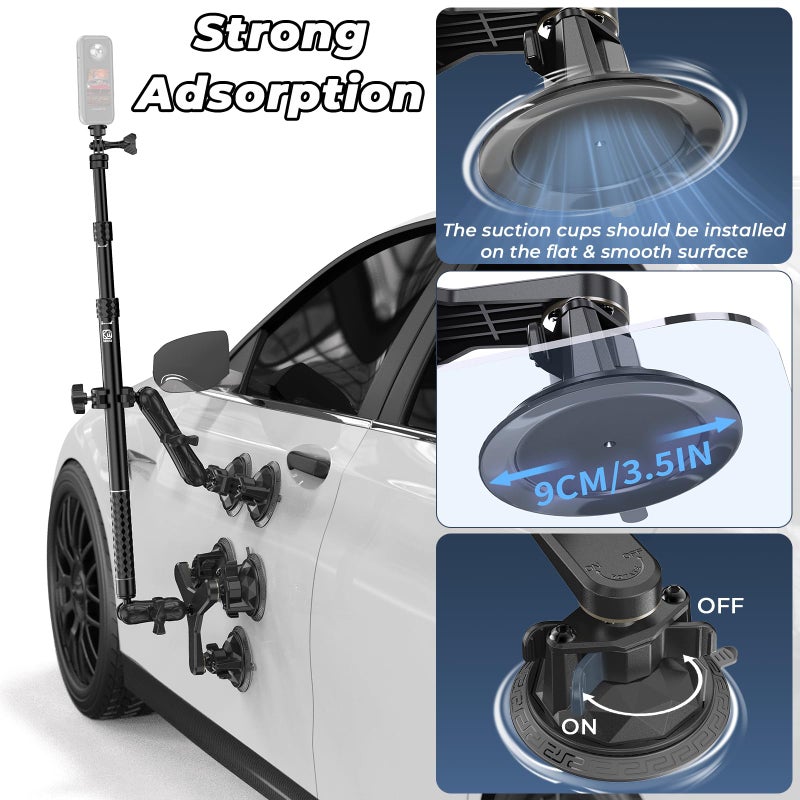 VAZESWIN Suction Cup Car Mount - Aluminum Alloy Extendable Selfie Stick, Five 3.5" Large Suction Cup Car Windshield Camera Mount with Tripod Adapter Compatible with GoPro Insta360 DJI Action Cameras - Image 2