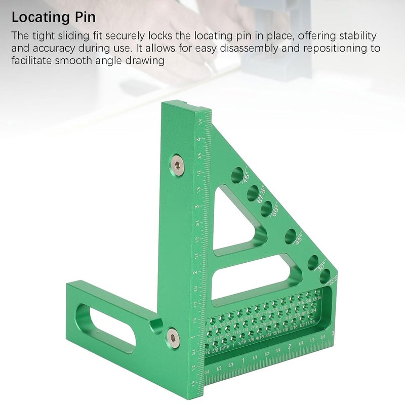 Carpenter Square Ruler with Locating Pin, Aluminum Alloy Measuring Tool, Green - Durable Engraved Inch Scale, Precise Marking for Woodworking and Crafts - Image 3