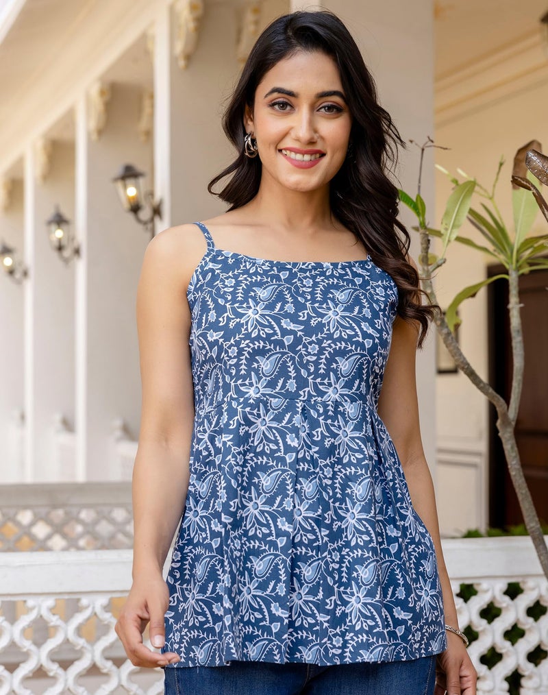 SIRIL Women Cotton Printed Kurti For Woman, Regular Short Kurti Latest, Blue Kurta (824Tk8072A-Xl_Blue) - Image 5