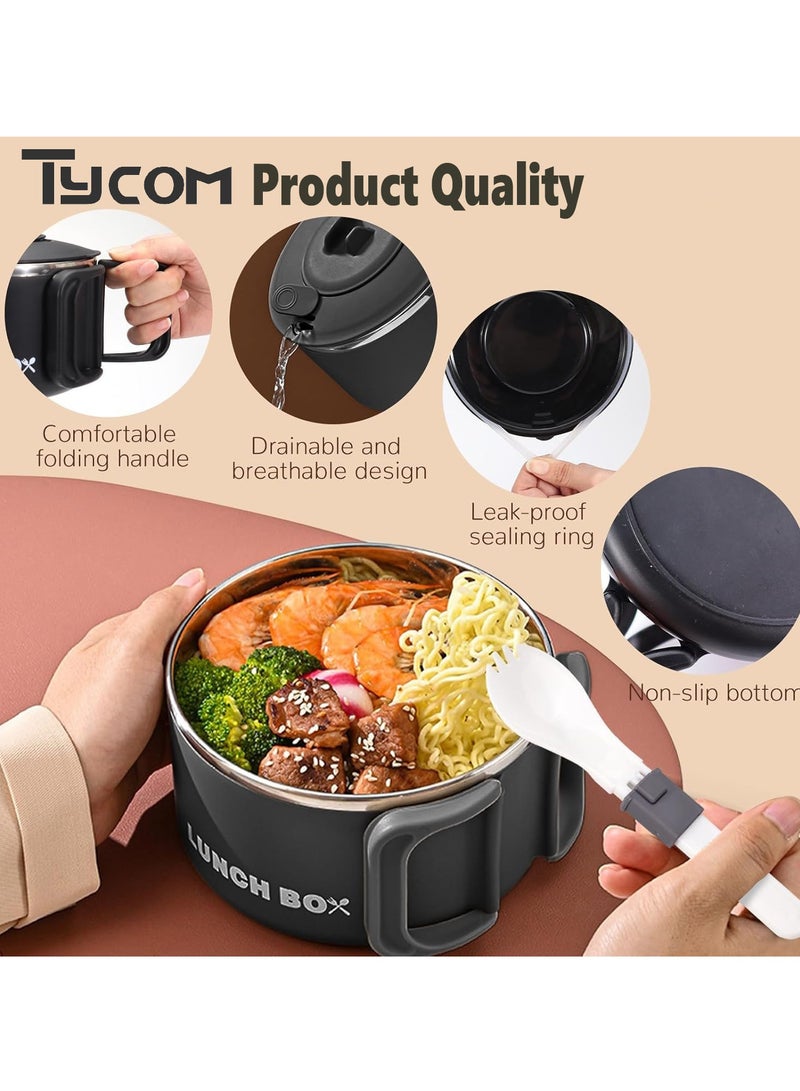 TYCOM Stainless Steel Lunch Box for Kid School Insulated Bento Lunch Box Lunch Containers with Lids Foldable Handle Leakproof BFA Free Dishwasher Safe Round Black. - Image 2