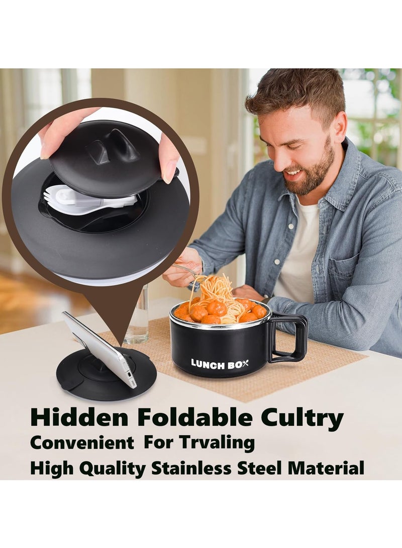 TYCOM Stainless Steel Lunch Box for Kid School Insulated Bento Lunch Box Lunch Containers with Lids Foldable Handle Leakproof BFA Free Dishwasher Safe Round Black. - Image 3