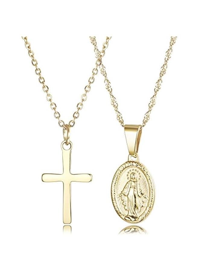عربست فينريزيو مطلية بالذهب 14 قيراط صليب مجوهرات مسيحية كاثوليكية قلادة العذراء ماري قلادة للنساء مجموعة قلادة متعددة الطبقات - Image 1