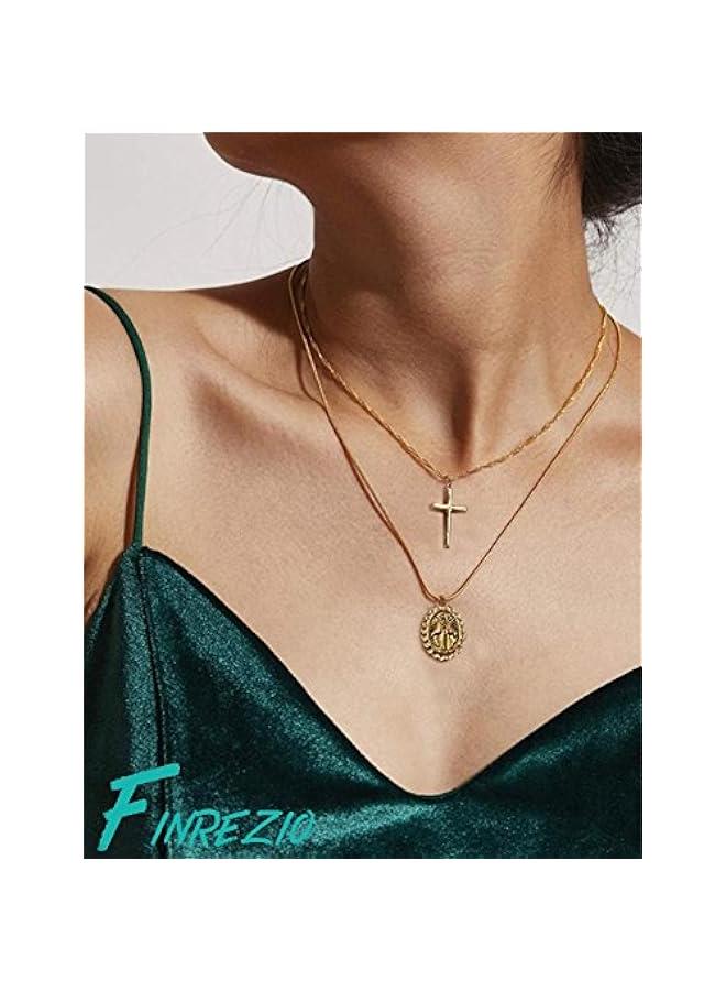 عربست فينريزيو مطلية بالذهب 14 قيراط صليب مجوهرات مسيحية كاثوليكية قلادة العذراء ماري قلادة للنساء مجموعة قلادة متعددة الطبقات - Image 3